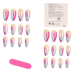 Almond press-on nails set with pink, mint green and white wavy line geometric patterns