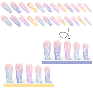 Long trapezoidal press-on nails set with colorful pastel gradient and 3D flower accents