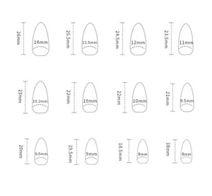 Size chart showing 12 almond nail tip dimensions in millimeters for a precise fit