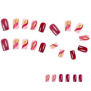 Short square press-on nails set with gold foil and purple ombré artistic design