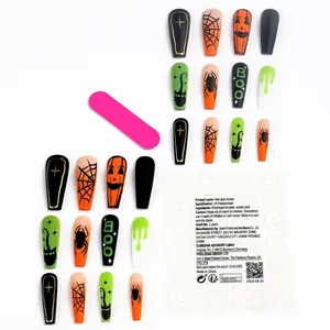Long coffin fake nails set featuring Halloween spider web and ghost cat patterns