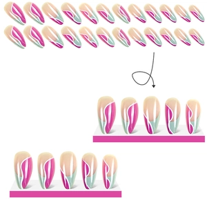 Pink and green wavy pattern press-on nails in medium almond shape with glossy finish