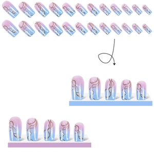Pink and blue gradient press-on nails with golden abstract lines on white background