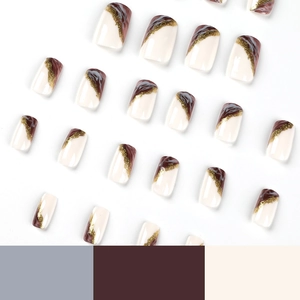 Square marble texture press-on nails with deep burgundy swirls and golden glitter accents