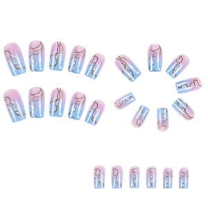 Pink and blue gradient press-on nails with golden wavy lines in a 24-piece manicure set