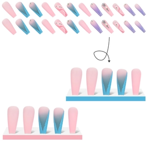 Long coffin matte press-on nails with rainbow gradient and white floral 3D accents