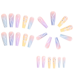 Long trapezoid press-on nails with macaron gradient, 3D floral accents and glitter lines