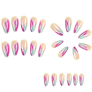 Nude almond press-on nails set with elegant magenta and light blue wave patterns