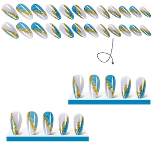 Blue and white marble press-on nails with gold foil in a 24-piece almond set