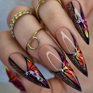 French Almond Press On Nails Rose Flower Butterfly Wing Rhinestone Y2K Style Artificial Fake Nails Long Stiletto For Women