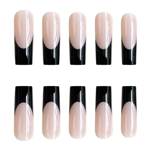 Long square French tip press-on nails with nude base and glossy black arc design