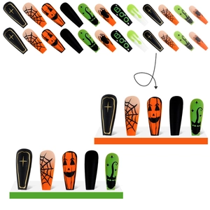 Halloween coffin press-on nails with spider web, pumpkin, and cat designs for women