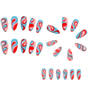 Rainbow swirl press-on nails in long almond shape with colorful abstract pop art lines