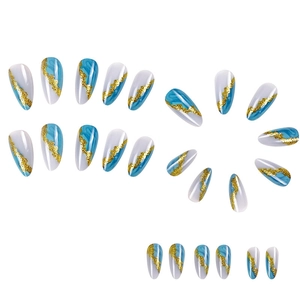 24pcs long almond press-on nails with blue marble gold foil design and waterdrop shape