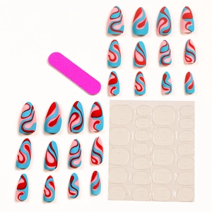 Rainbow wavy marble almond press-on nails set with manicure tool kit on white base
