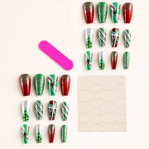 Christmas press-on nail kit with 24 red and green holiday patterns, file and adhesive tabs