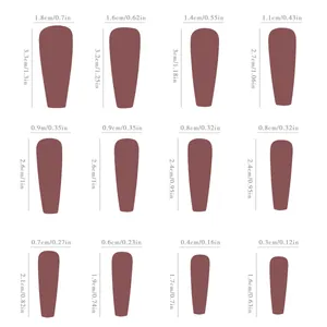 Size chart showing 12 different dimensions for long coffin strawberry press-on nails