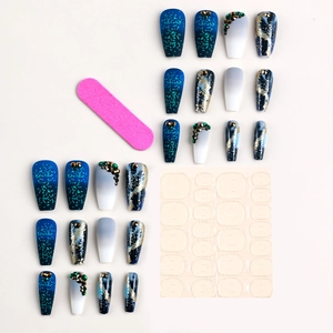 Kit di 24 unghie finte sfumate blu con glitter, strass e strumenti di applicazione