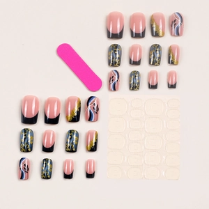 Pink and black French press-on nails set with gold foil accents and leaf nail art