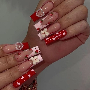 Long Ballerina Coffin Press On Nails Strawberry Heart French Design Artificial Pearl Bow Decoration Red Pink False Nails