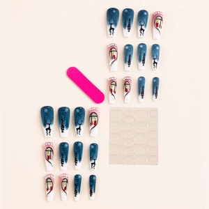 Faux ongles de Noël longs avec motifs renne et flocon de neige en bleu et blanc
