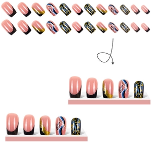 French style press-on nails with pink base, black edges, and gold foil accents on 24pcs set