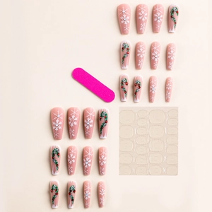 Christmas long coffin press-on nails with snowflakes, candy canes and pink matte finish