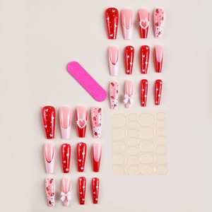 Long coffin strawberry press-on nails with 3D bows, pearls and heart patterns set