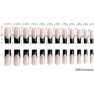 Long square French tip press-on nails set with size chart in black and white style