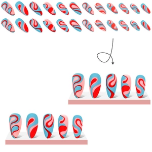 Rainbow pop art almond press-on nails with red blue and pink wavy abstract pattern
