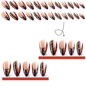 Almond press-on nails with butterfly wing pattern, lace details and small rhinestones