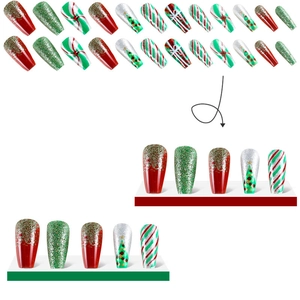 Christmas themed press-on nails with red glitter, green sequins and festive snowflake designs