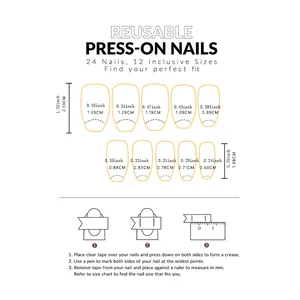 Size guide for reusable square press-on nails with inclusive dimensions and measuring steps