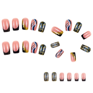 French style press-on nails set with gold foil and black line art in pink and black