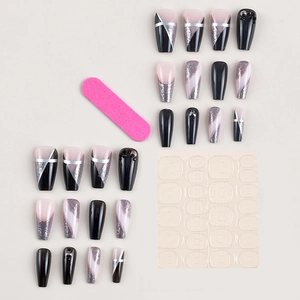 Set di unghie finte marmo nero e rosa con strass e kit di applicazione completo