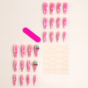 Pink gradient long coffin press-on nails set with rhinestone and cherry nail art