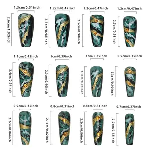 Size chart for green marble press-on nails with gold foil and yellow rhinestones