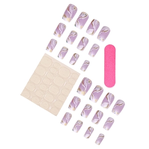 Press-on nail kit with light purple marble gradient clouds and shimmering gold accents