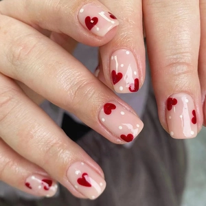 Press On Nails Short Square Round Nude Pink Glossy With Red Heart White Polka Dot Sweet Style For Women Girls