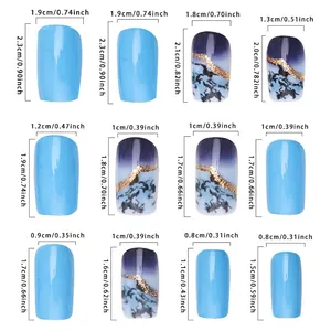 Size chart for blue ink marble press-on nails with 12 pieces and detailed measurements