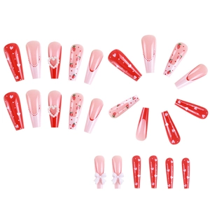 French press-on nails with red strawberry, white bow, and pearl heart 3D designs