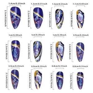 Size chart for amber texture almond press-on nails with 12 pieces in varied dimensions