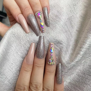 Silver glitter and nude pink coffin press-on nails with luxury rhinestones set