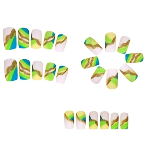 Neon green gradient press-on nails with marble texture and gold glitter accents