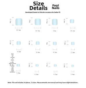 Size chart for 24pcs press-on toenails featuring 12 different sizes for perfect fit