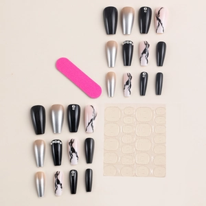Elegant black and marble press-on nails set with rhinestones, file and glue tabs