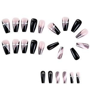 Unghie finte French nere e rosa con strass e glitter argento in stile geometrico