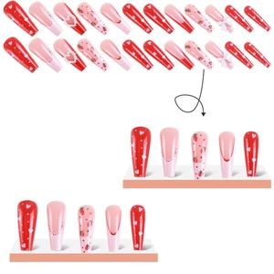 French style long coffin press-on nails with red strawberry, heart and bow designs