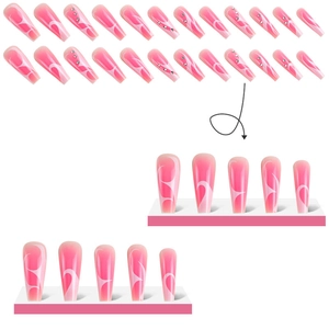Pink gradient long coffin press-on nails with white swirl patterns and silver rhinestones