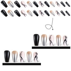 Black marble press-on nails set with rhinestones and silver gradient in ballerina shape